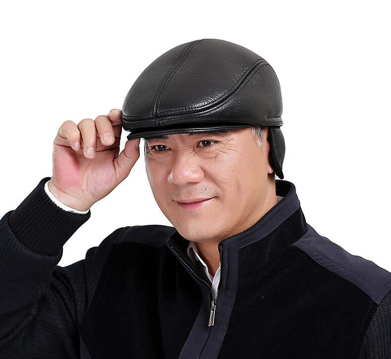 大老板皮帽秋帽子男士加厚保暖真皮鸭舌帽中老年前进帽护耳老头老人帽