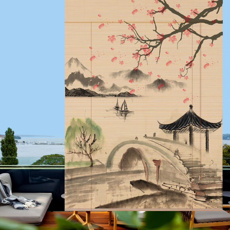 窗帘卷帘竹帘子门帘隔断阳台客厅茶室中式日式遮光遮阳山水画 图案12