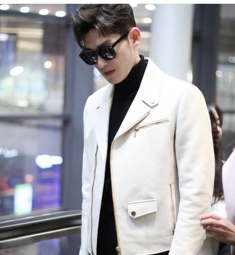 机车皮衣男斜拉机车真皮皮衣男士复古张翰白色韩版潮流slp风翻领青年