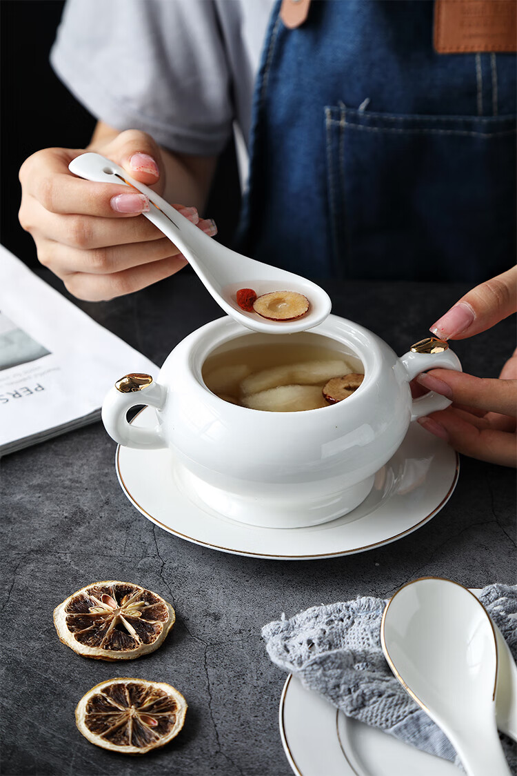 位上汤盅燕窝炖盅碗陶瓷位上汤盅带盖金边商用甜品罐餐厅小号隔水炖汤