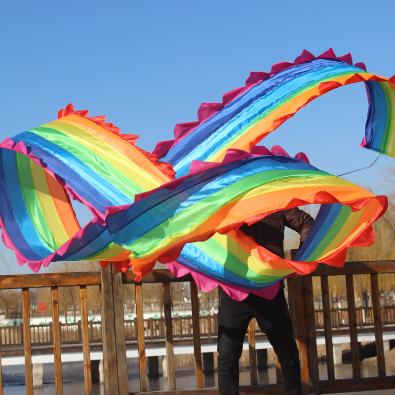 尼创 舞蹈彩带 彩虹丝带拼接舞绸健身彩带带棒彩绸广场舞道具七彩花边