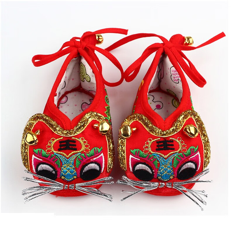 鞋婴儿满月周岁男宝宝女孩软底老布鞋千层底手工鞋子传统 虎头铃铛鞋