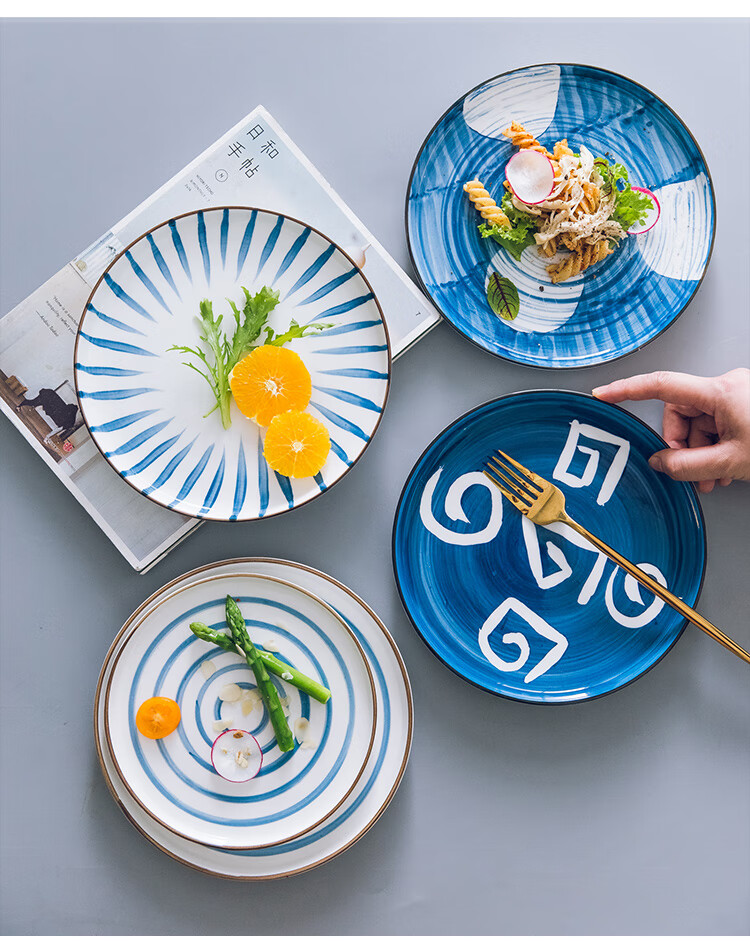 日式陶瓷盘网红盘子创意菜盘家用手绘釉下彩餐具西餐盘牛排盘圆盘 金