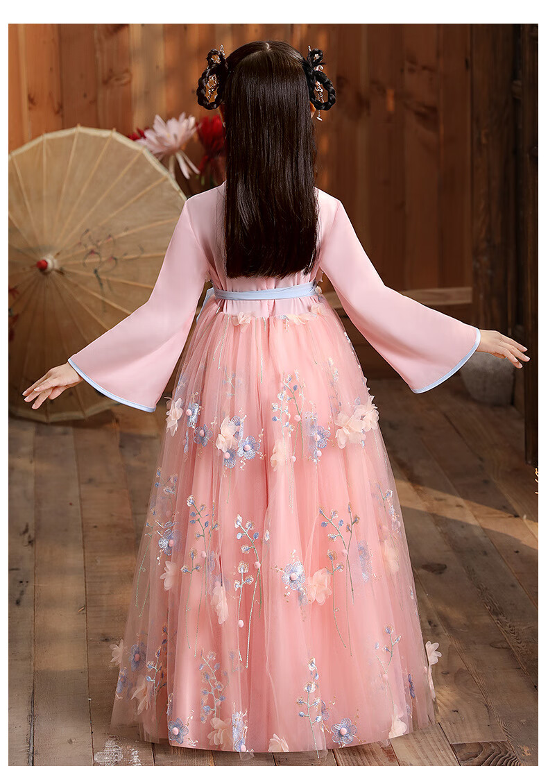 小皮丘儿童汉服女童春夏季仙气汉服襦裙2021年春季古风圣诞连衣裙粉色
