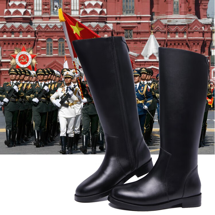 爱韬马靴新款大阅兵长筒队高筒牛皮靴骑男女舞台表演演出拉链官靴黑色