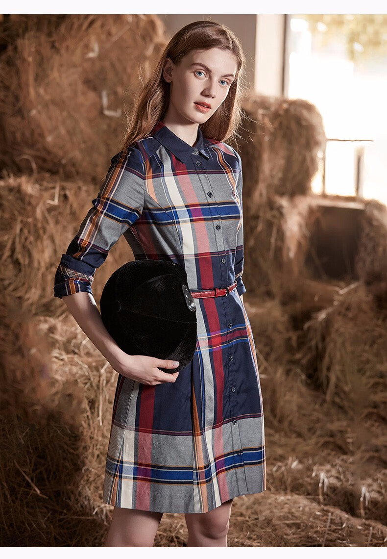 哈吉斯hazzys春夏英伦风时尚撞色腰带女士长袖连衣裙aqws