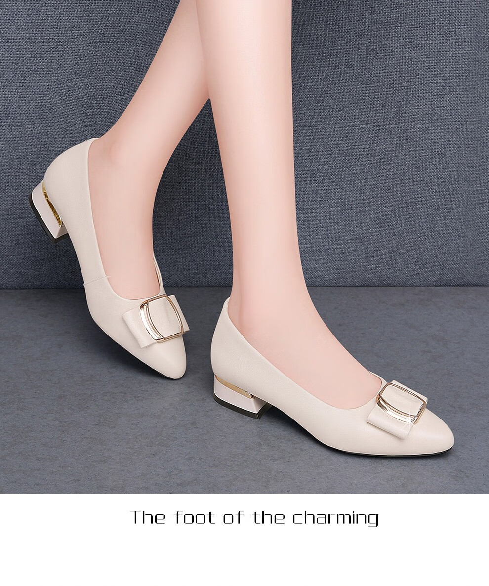 真皮单鞋女2020秋季新款浅口女鞋皮鞋女低跟工作鞋粗跟妈妈鞋百搭套脚