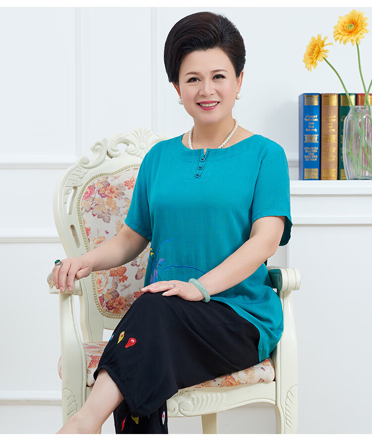 老年人女装加肥加大码夏款胖太太套装夏季上衣服中老年女装妈妈胖大妈