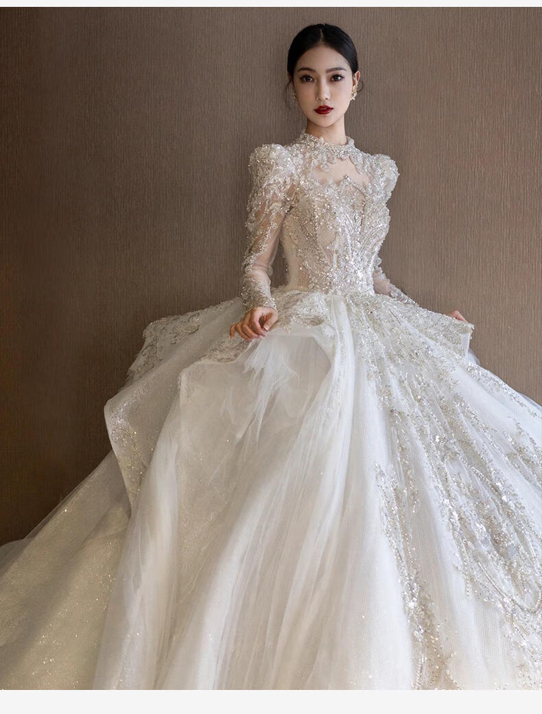 菁和法式婚纱2021新款长袖质感主纱结婚高端超秋千坠齐地s