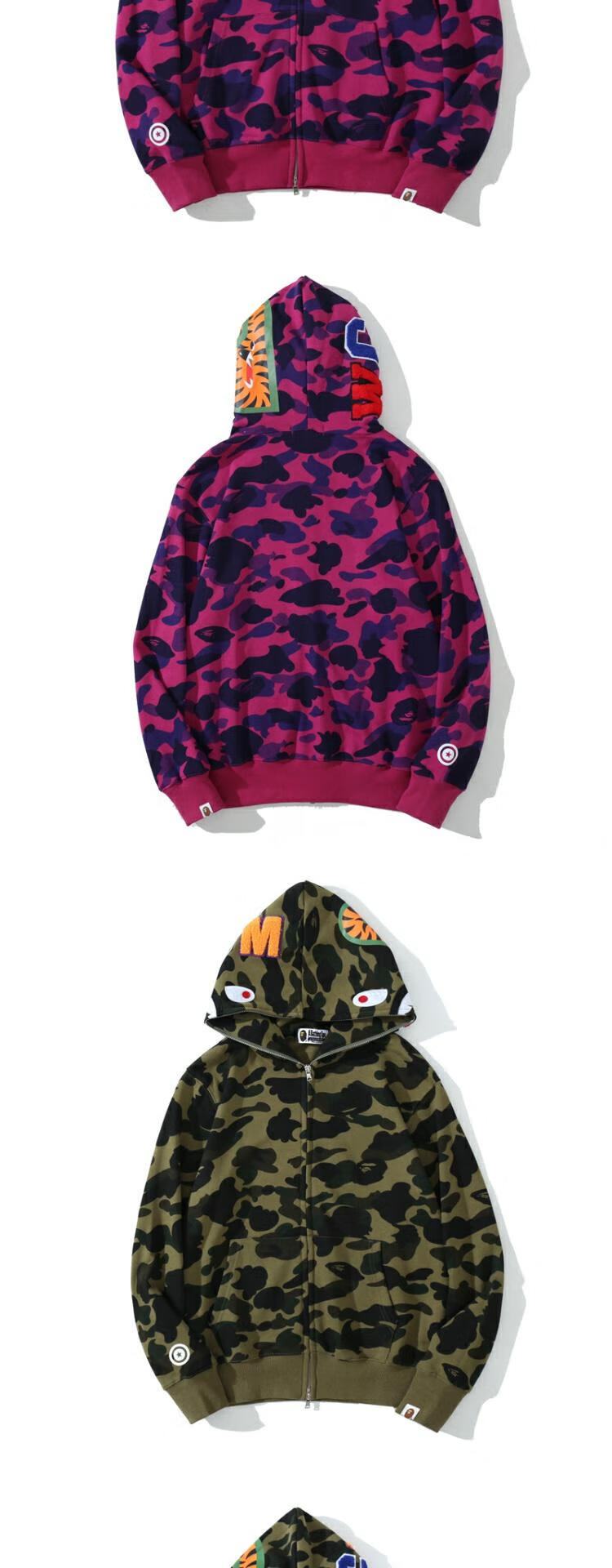 翰钦bape日系迷彩毛圈鲨鱼帽衫情侣款连帽猿人头潮牌字母绣花拉链卫衣