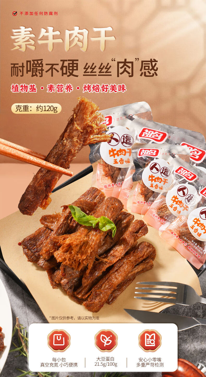祖名江南一绝1包约120g人造牛肉干手撕素牛肉辣条素肉豆干零食五香味1