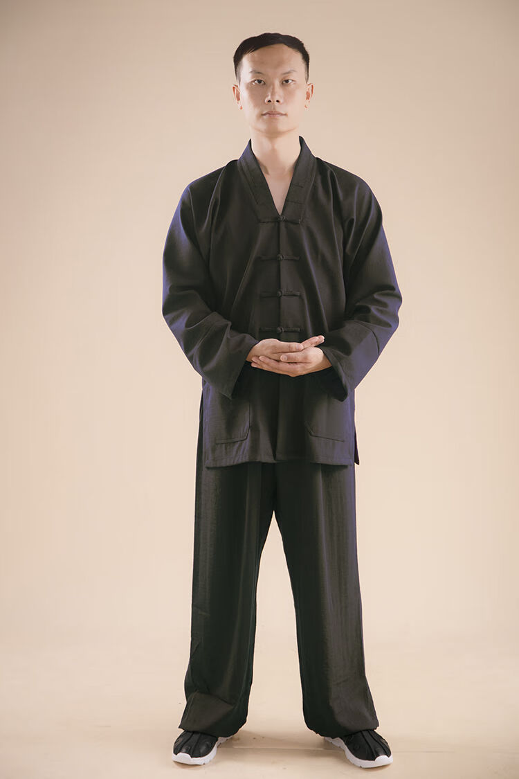 金飒新品武当山标准道士服装太极练功服全套对襟三宝领三清领中褂男女