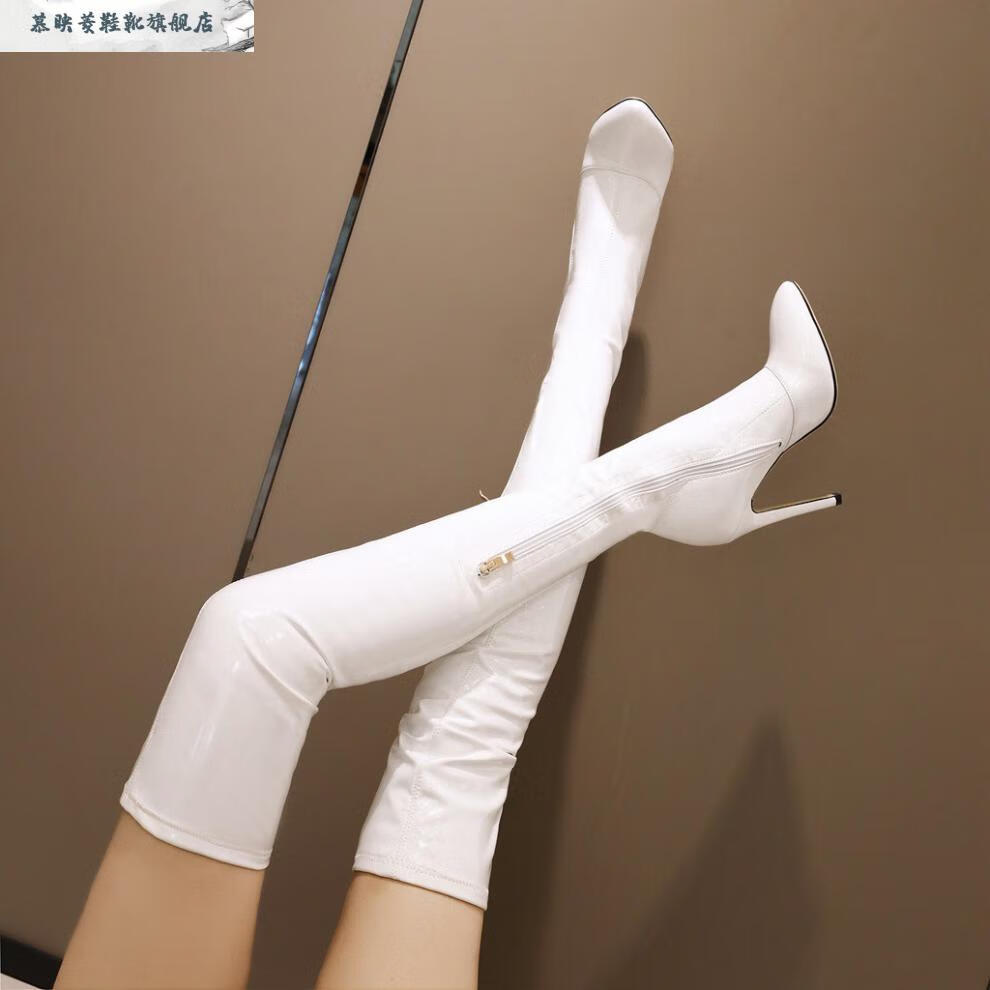 过膝长靴细跟性感超高跟sm细跟漆皮修身尖头弹力过膝长靴高筒靴超大码