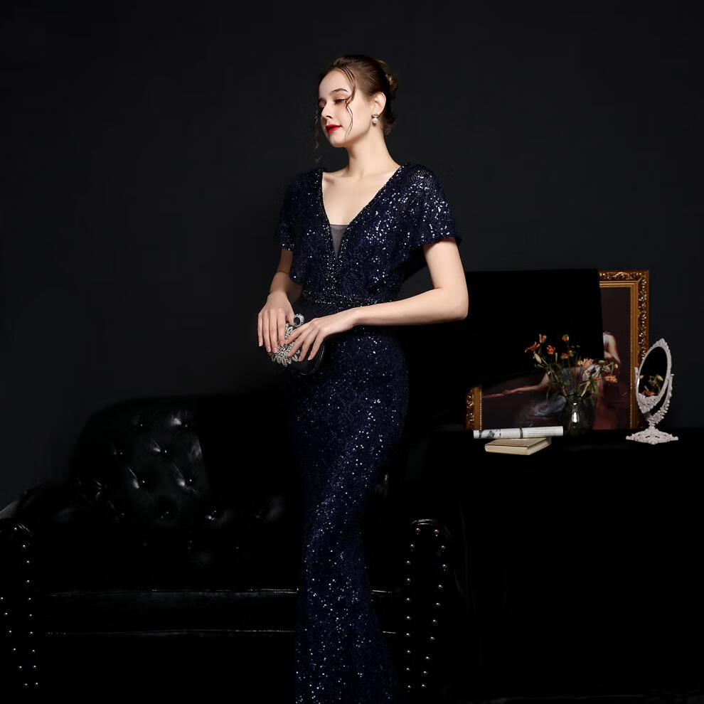 格子珠片鱼尾宴会优雅公司年会车模走秀演出服名媛派对晚会礼服白色xl