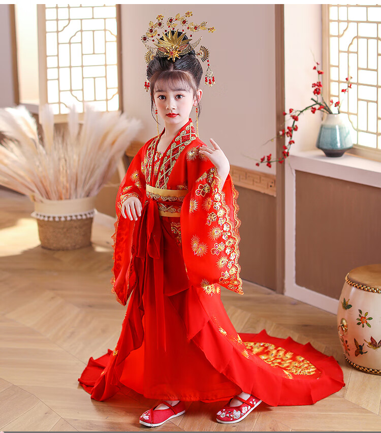 儿童古代皇后衣服古装女汉服皇后服服装童拖尾中国风孩唐朝贵妃娘娘