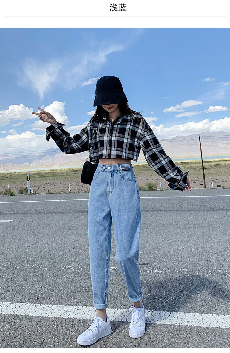 哈伦牛仔裤女2021秋冬加绒加厚高腰双扣萝卜老爹裤深蓝色香蕉裤单裤