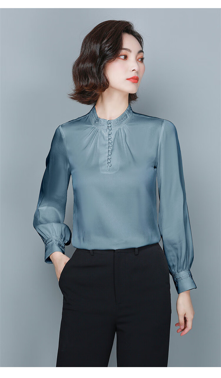特价捡漏高档轻奢品牌真丝衬衫女长袖桑蚕丝洋气杭州丝绸刺绣欧货立领