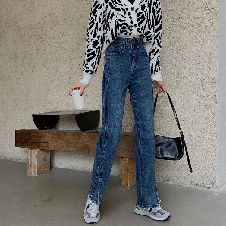 麦敏儿新款网红显瘦高腰开叉拖地裤子百搭直筒阔腿牛仔裤学生 蓝色 s