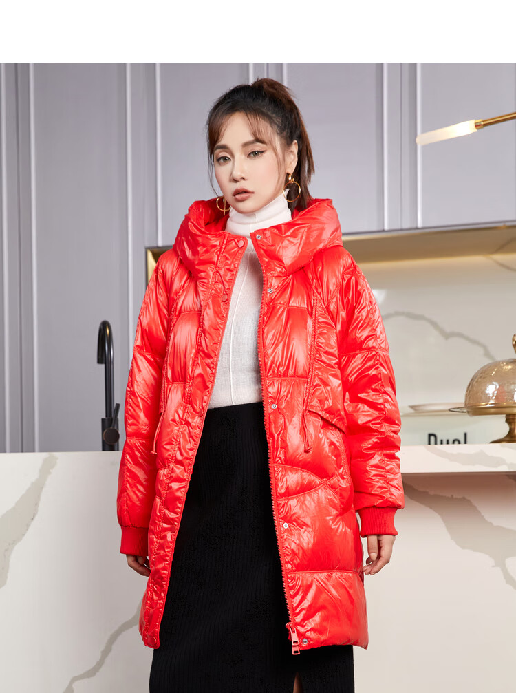 洛可可2020冬季新款温暖抽绳休闲经典廓形亮面羽绒服 红色 s