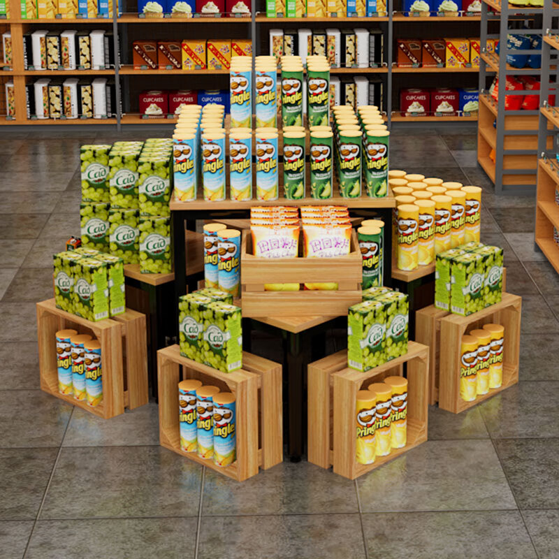 超市情景陈列木框箱促销台小方桌商场堆头美陈展示架货架木箱木盒 1