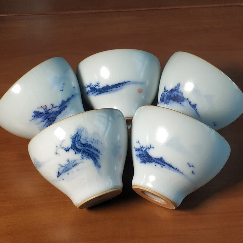 正品李善明茶具善窑善款汝窑杯全手工主人杯开片手绘山水杯停产款