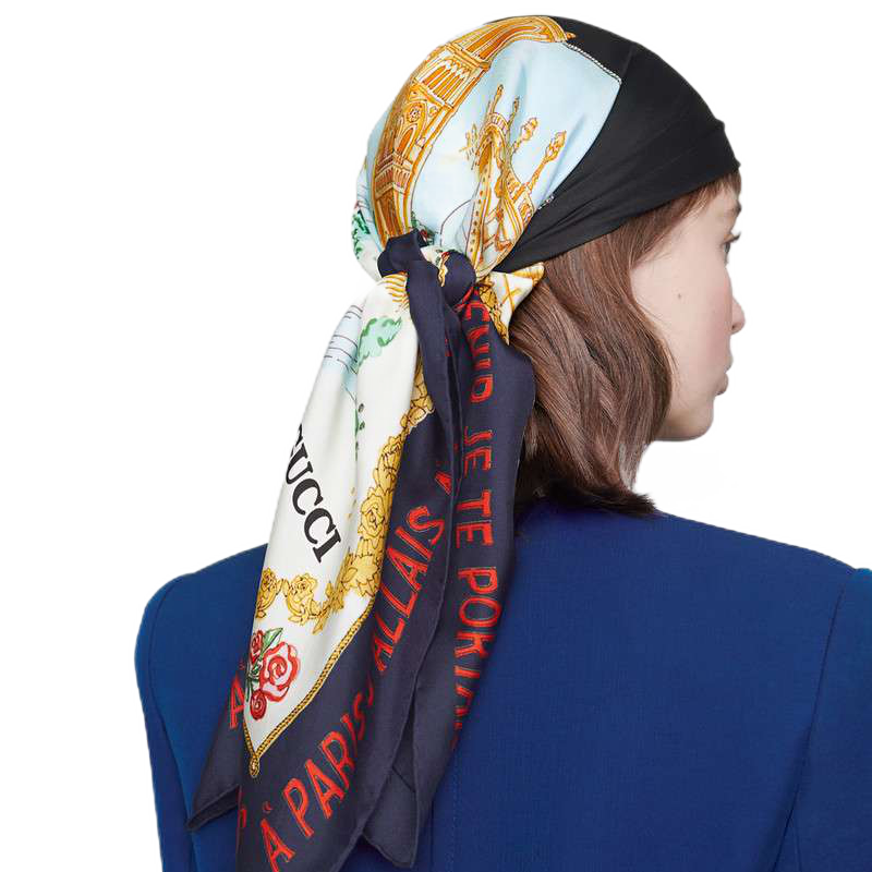 gucci古驰围巾女士印花丝巾丝带头巾方巾 571064 3g001 9268蓝边代购