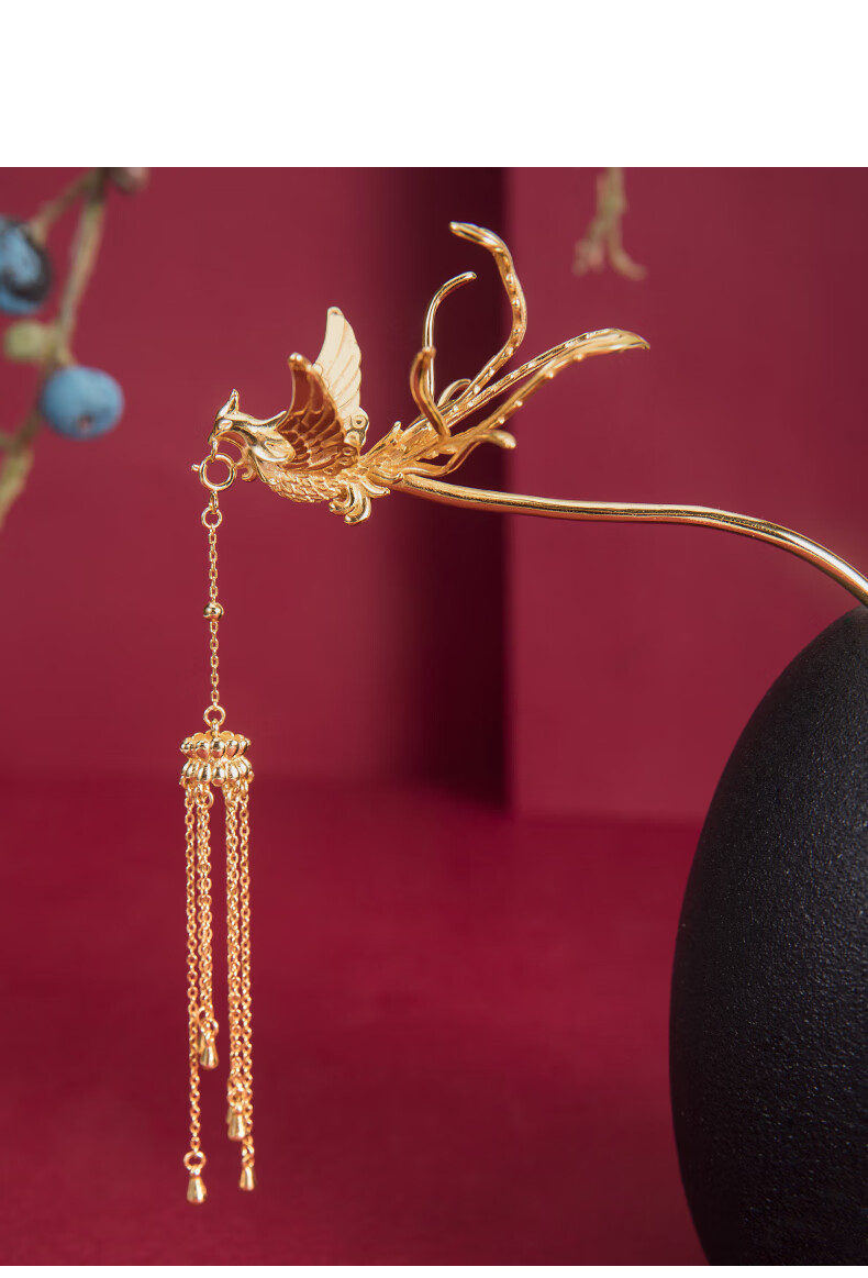 欧凯伦 偏凤钗银镀厚金凤凰发簪女 古法鎏金头饰复古婚嫁婚礼凤簪 凤