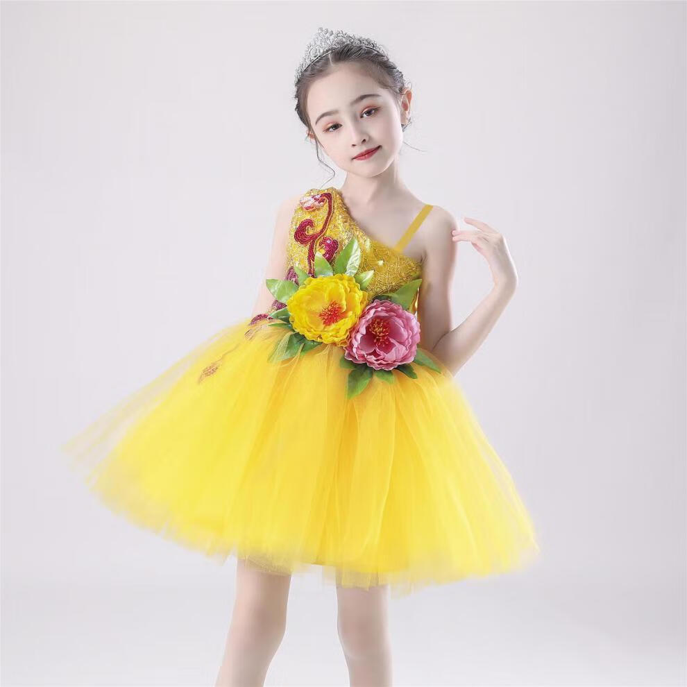 儿童演出服公主裙蓬蓬纱裙花朵裙女童幼儿园小学生舞蹈合唱服斜肩亮片