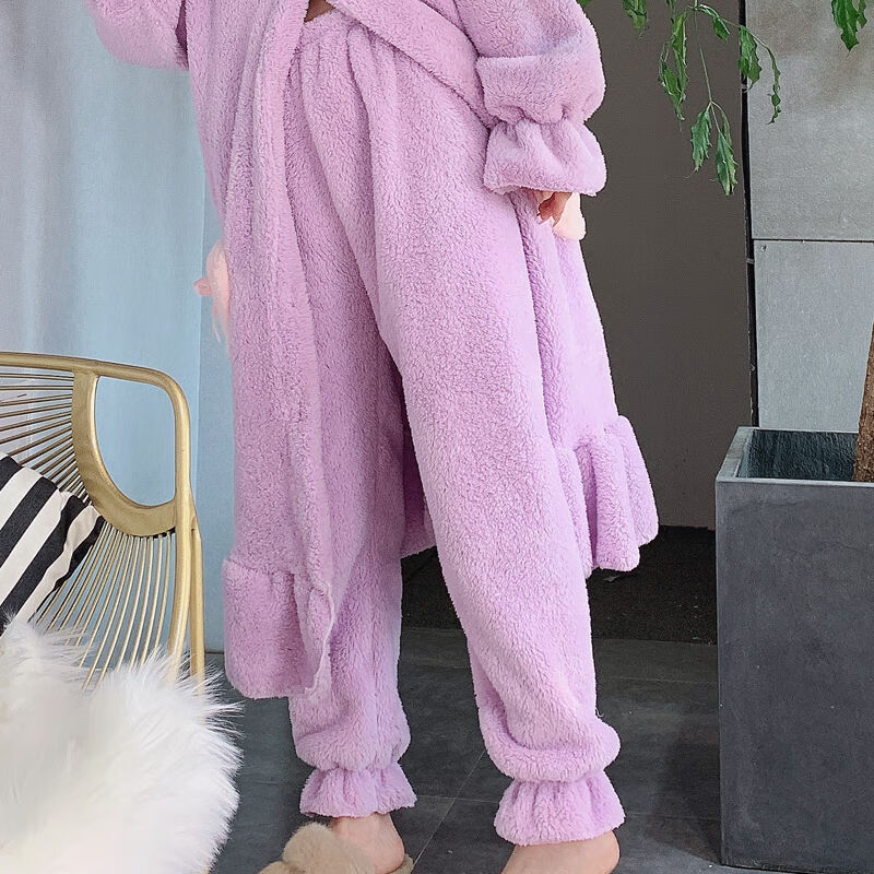 睡裤女秋冬季舒棉绒加厚家居长裤保暖起居裤宽松新款粉色花边裤子m