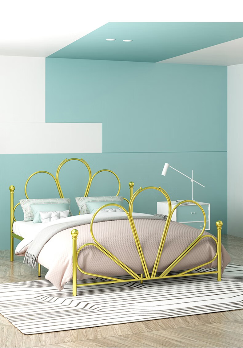 北欧铁艺双人床现代简约ins网红床轻奢公主床金色极简18米床白色床架