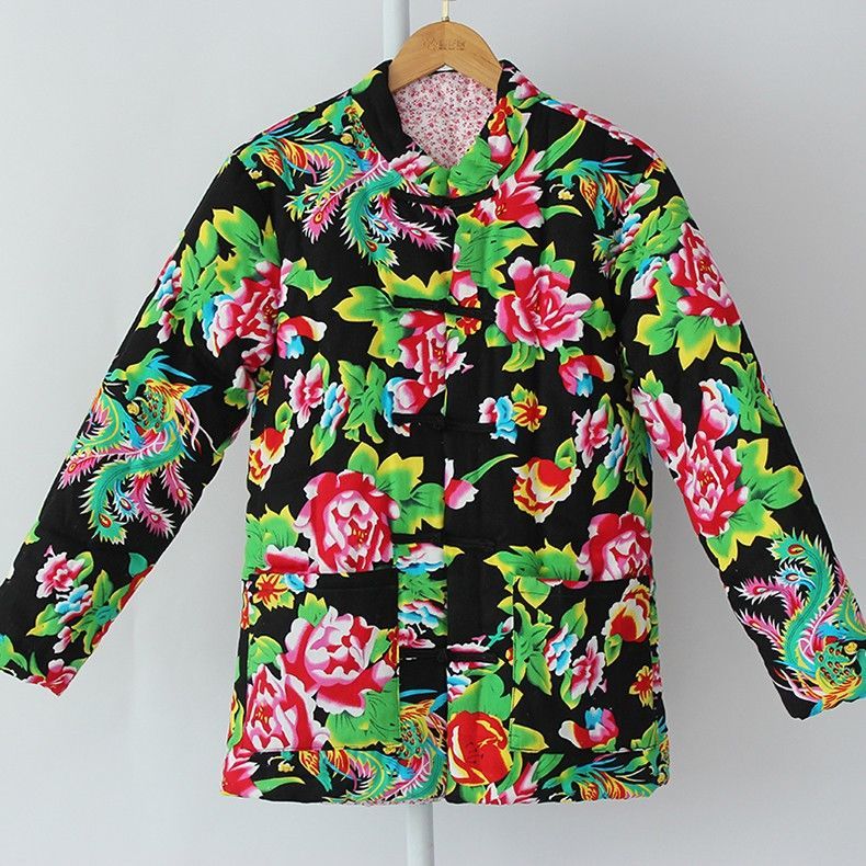 手工花棉袄加厚棉衣棉服东北大花布男士上衣冬季外套蓝色m码建议体重