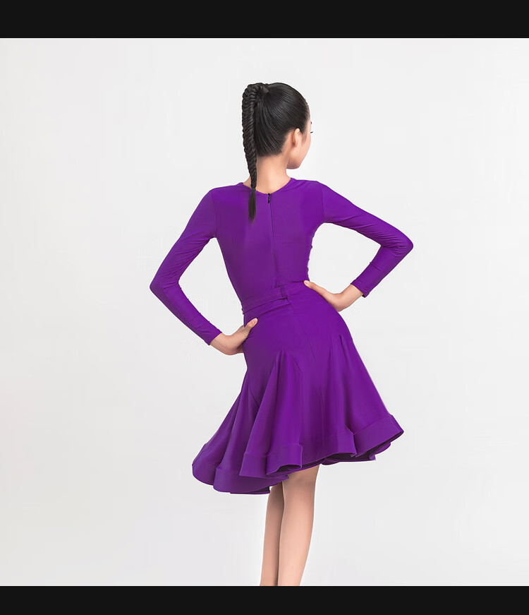 乐雅池拉丁舞服女童秋冬比赛服儿童演出服拉丁舞裙套装标准比赛服紫色