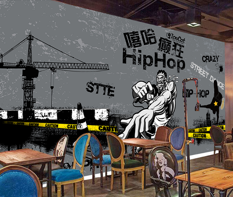 手绘复古街头嘻哈涂鸦3d背景墙纸个性潮流壁画舞蹈教室街舞壁纸无缝