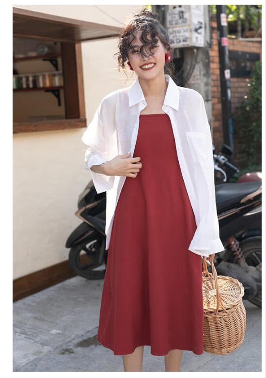 连衣裙mixdemind 红色吊带裙女复古高腰连衣裙夏小清新长裙裙子白色