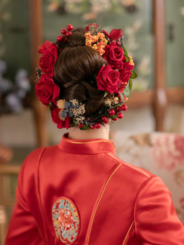 ck施华洛世奇锆新娘日韩婚礼头花造型红色仿真花朵盘发婚纱配饰超仙