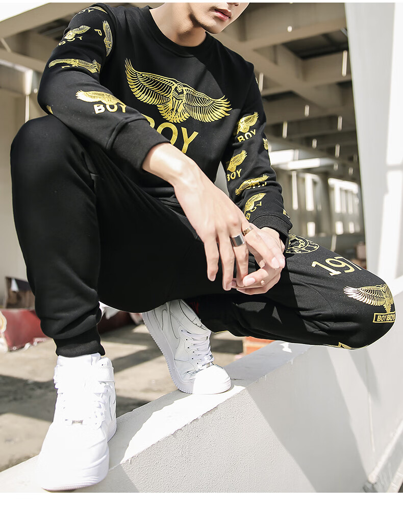 春秋季新款boy休闲运动套装长袖卫衣长裤两件套男大码潮牌套装男bo