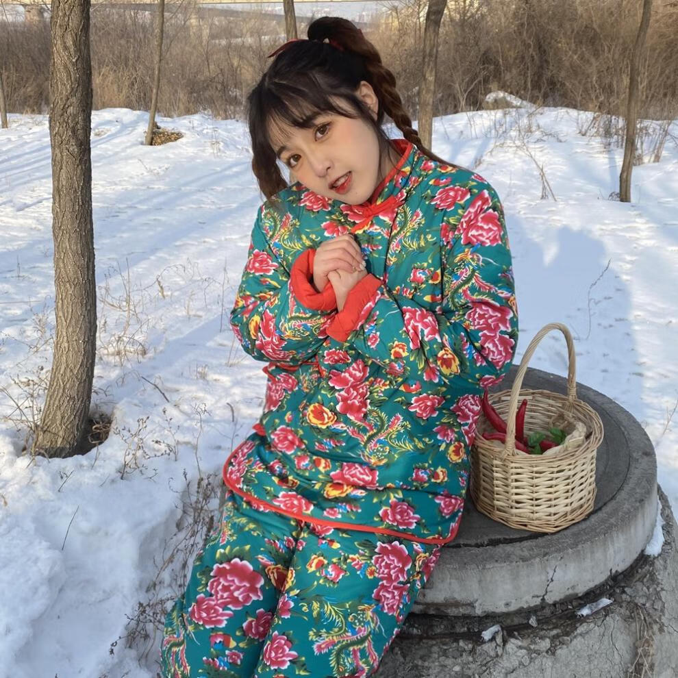 中国风冬季加厚夹棉外套复古上衣民族风棉衣棉袄棉服花浅葱红色套装m