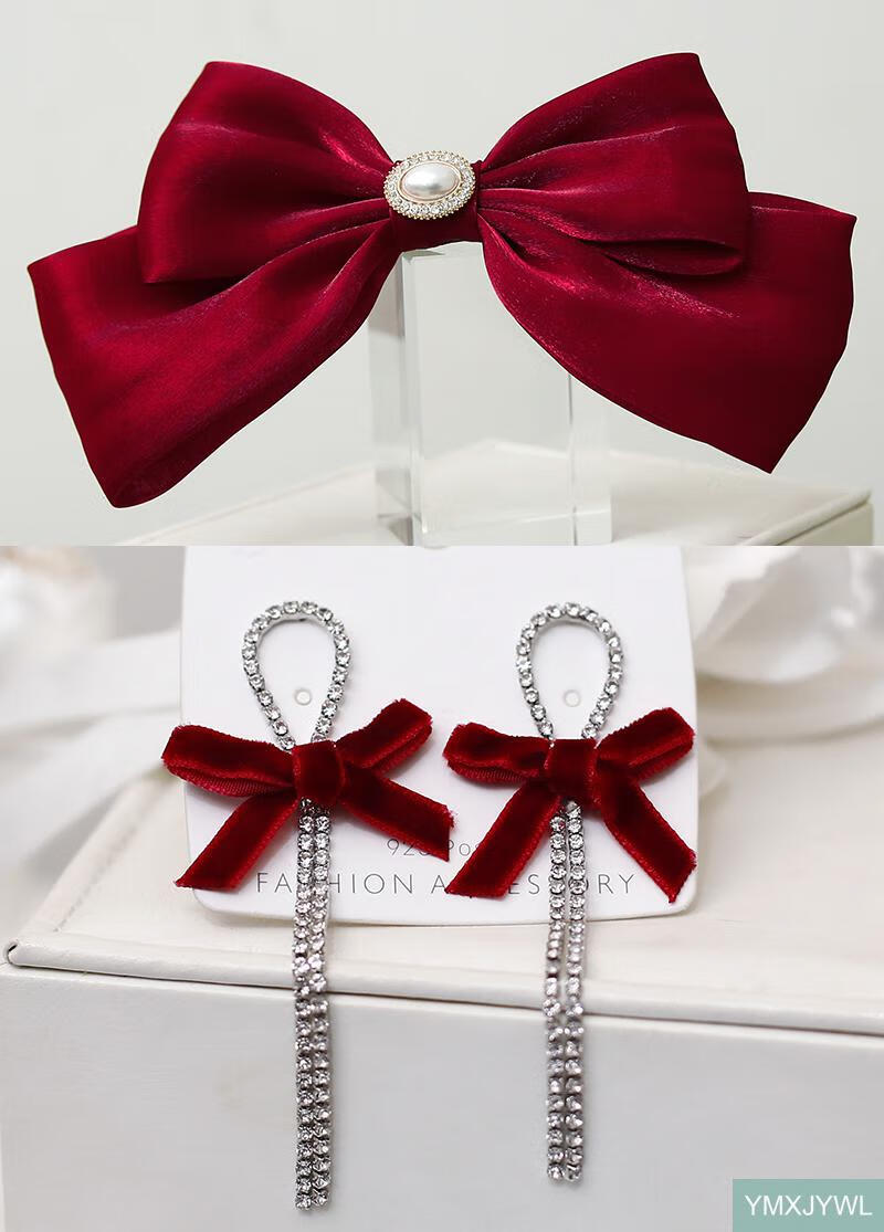 风发饰酒红色蝴蝶结发夹新娘婚礼敬酒服简单大气订婚发卡头饰款式一