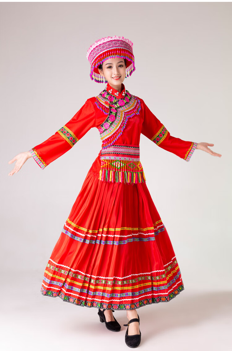 傈僳族服装女云南 怒江迪庆普米族服饰云南少数生活舞蹈服116 大红色