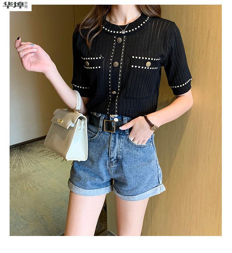 麦寻女装2022夏季新款法式温柔风小衫洋气圆领针织短袖t恤女修身冰丝