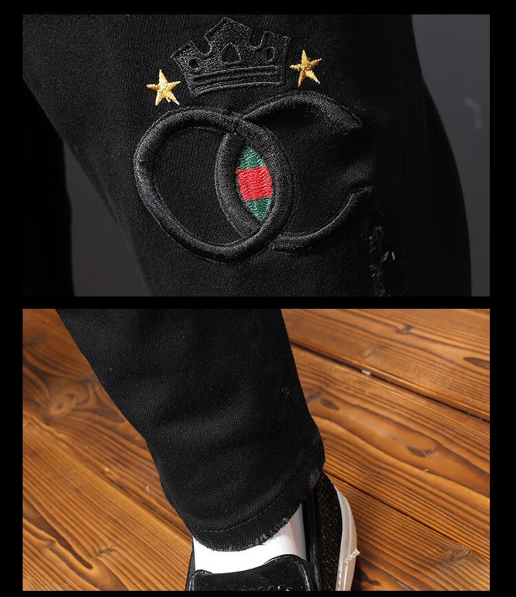 小蜜蜂刺绣牛仔裤男潮牌2020新款高端男士修身小脚潮流黑色裤子男