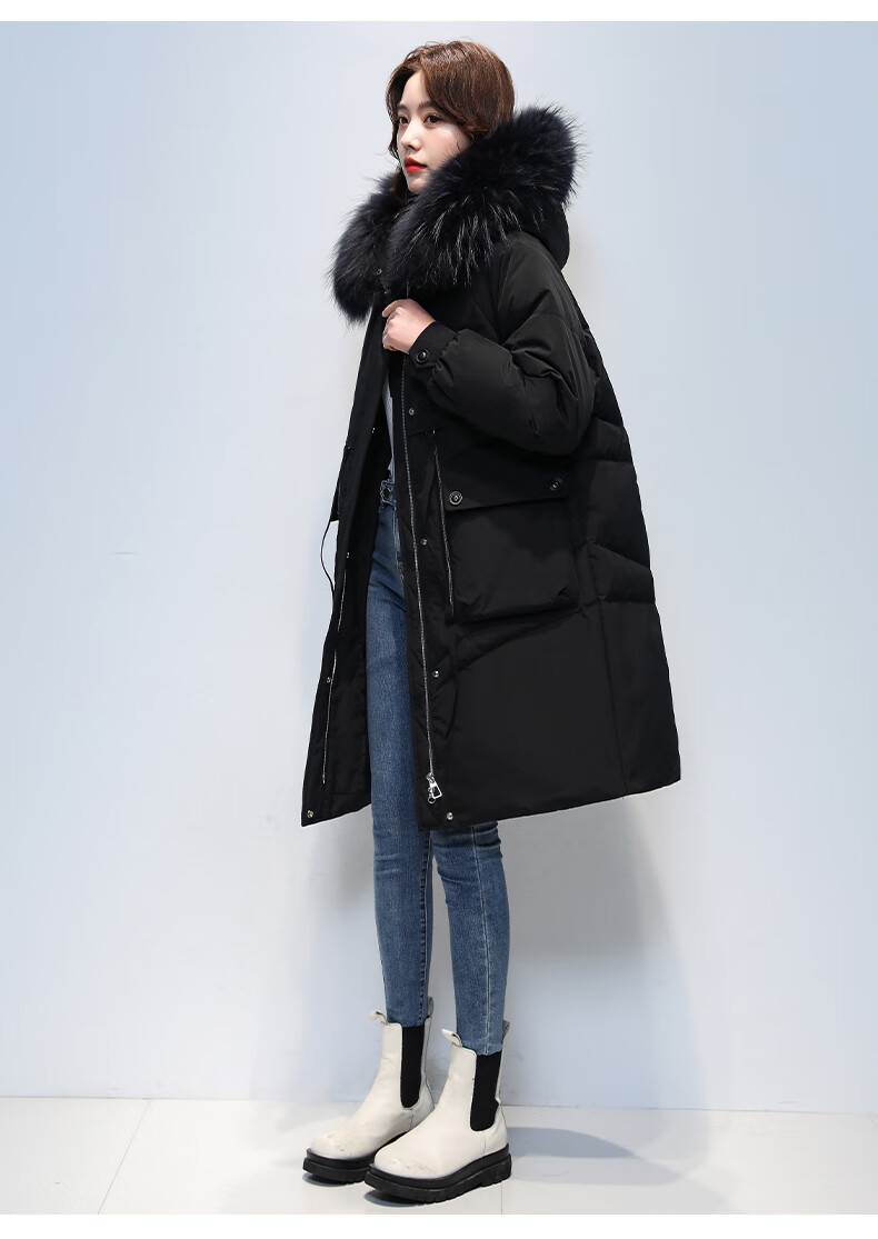 雅鹿官方长款羽绒服女冬中长款2021年新款貉子毛领外套潮xh黑色s