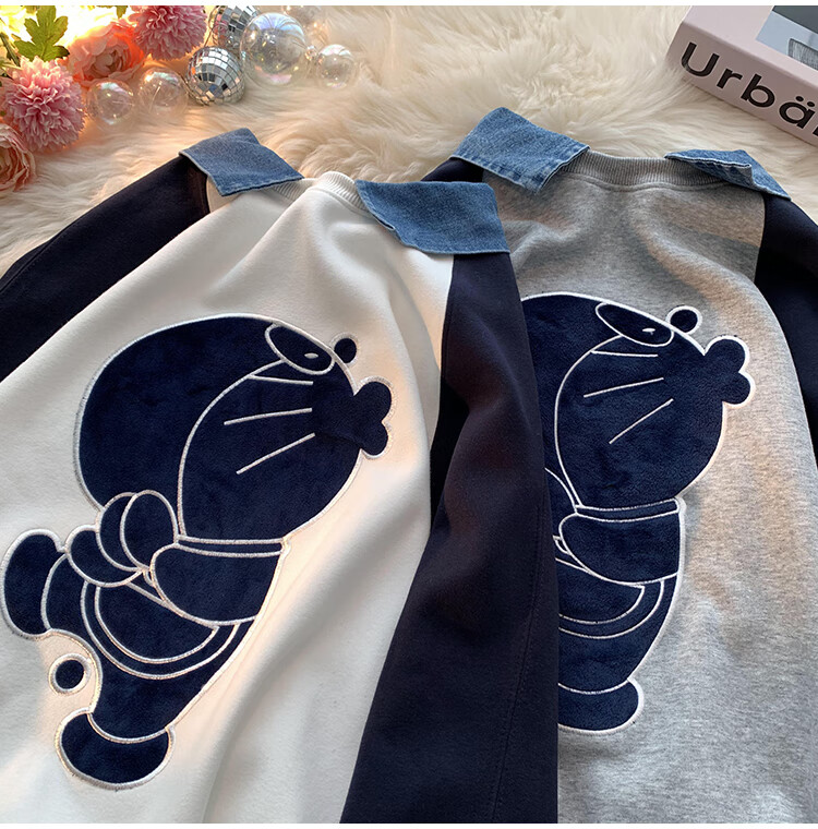 秋季男哆啦a梦卫衣哆啦a梦拼接牛仔vintage美式潮牌宽松情侣休闲高街