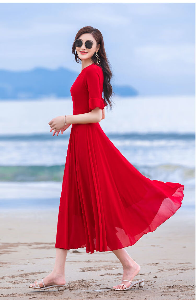 【捡漏特价】红色裙子2021女夏新款小个子长款大摆雪纺连衣裙超仙气质