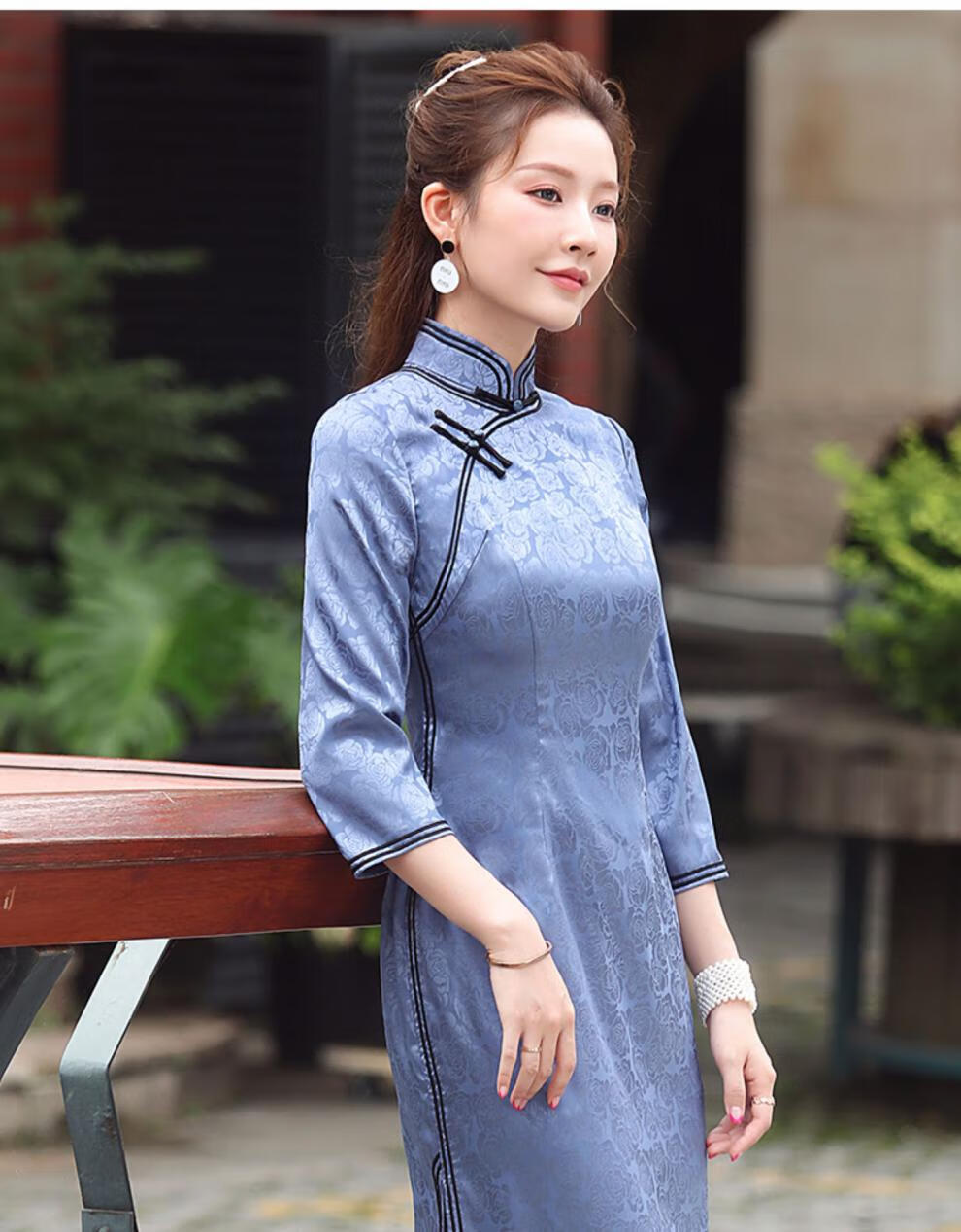 秀观唐初瑶2020秋季新款改良缎面提花复古长款优雅民族风旗袍裙 粉色