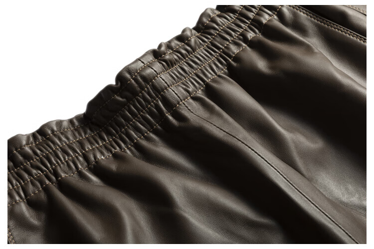 真皮短裤新款宽腿高a级小羊皮女皮裤松紧腰时尚裤子直筒裤 利休白茶色