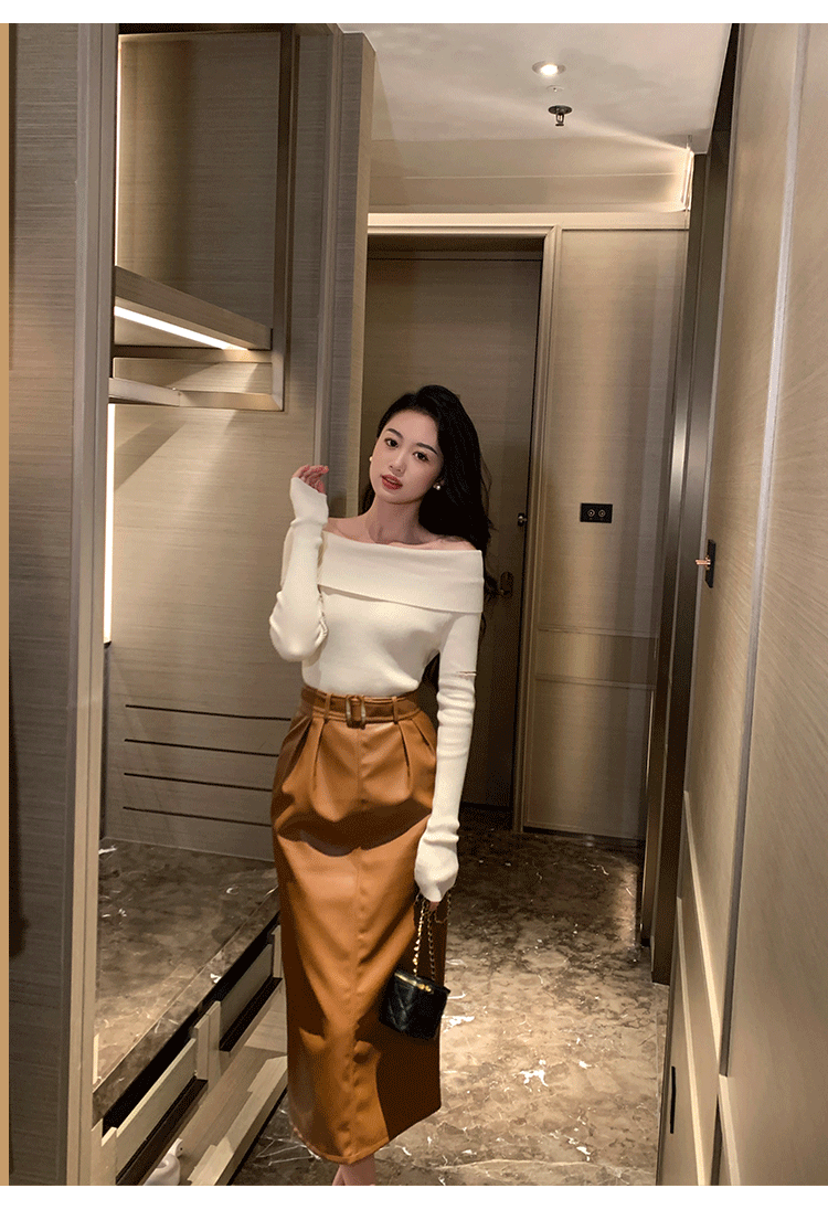 秀熙熙十三行秋冬新款韩版高腰pu半身裙黑色皮裙铅笔裙子女 棕色 s