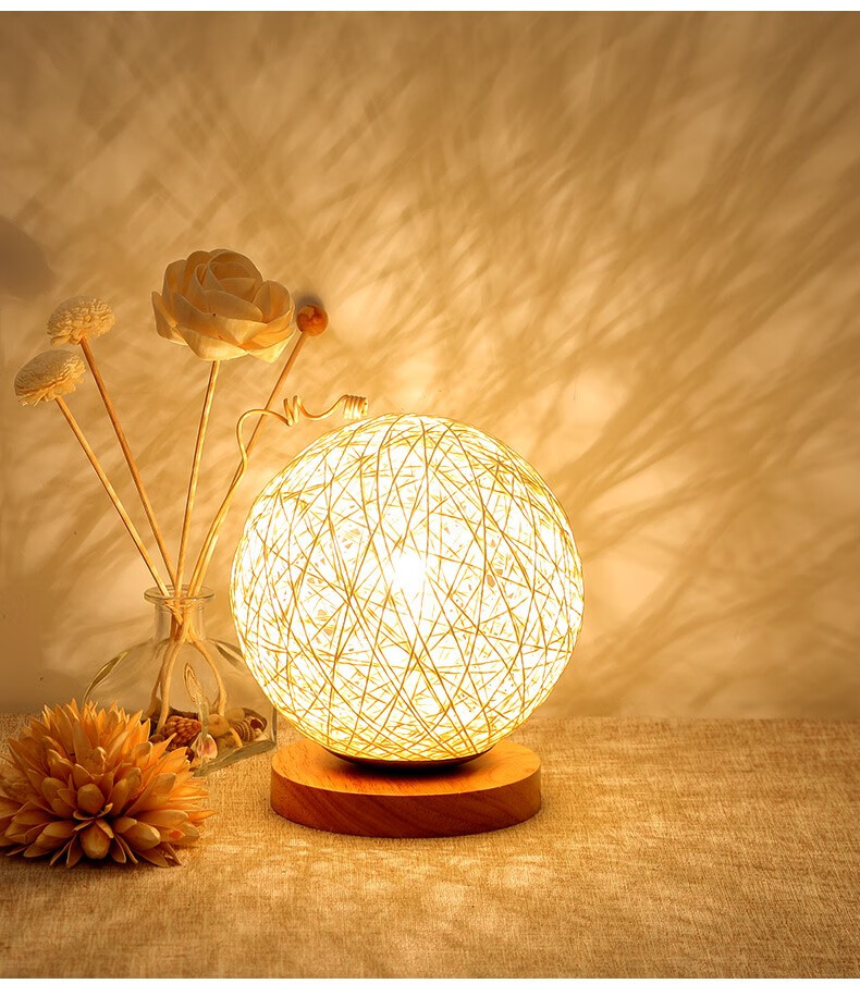 台灯卧室床头灯创意木架月球藤球灯北欧简约客厅书房喂奶小夜灯调光灯