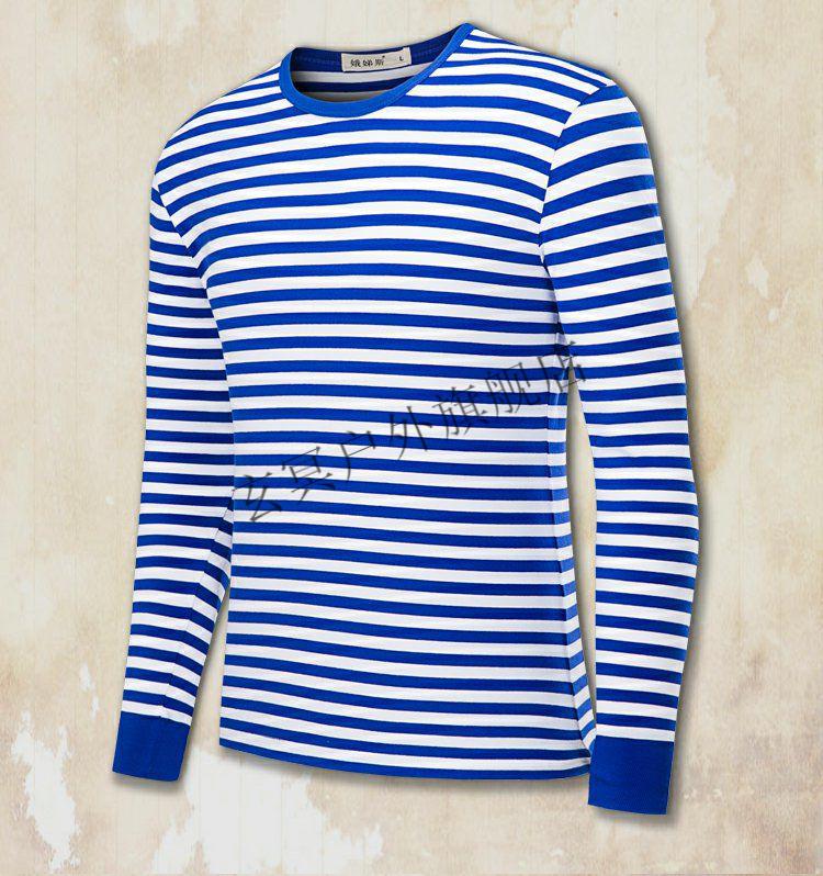 玄冥海魂衫男装长袖t恤复古蓝白条纹海军衫罗纹袖口水手服纯棉打底衫t