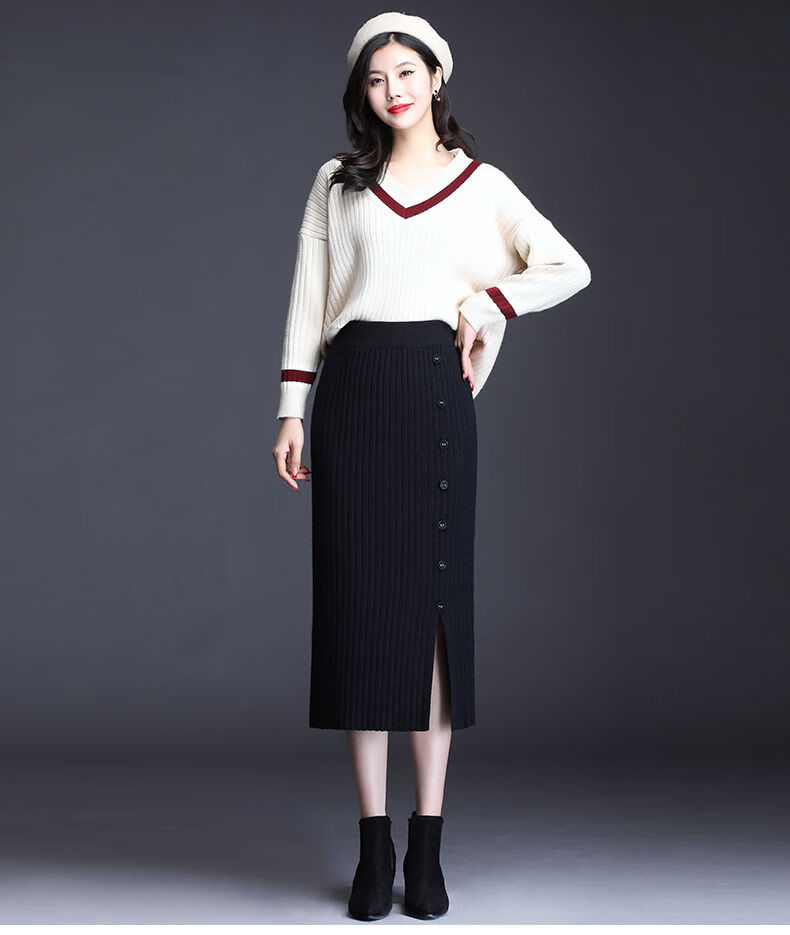 冬季打底半身裙女2021针织黑色包臀裙半身裙秋冬女开叉直筒一步裙中长